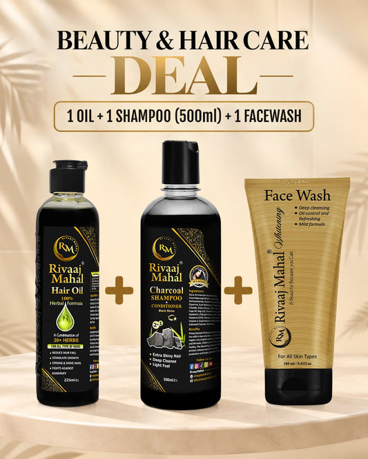 Rivaaj Mahal Hair Oil + Charcoal Shampoo + Face Wash Combo