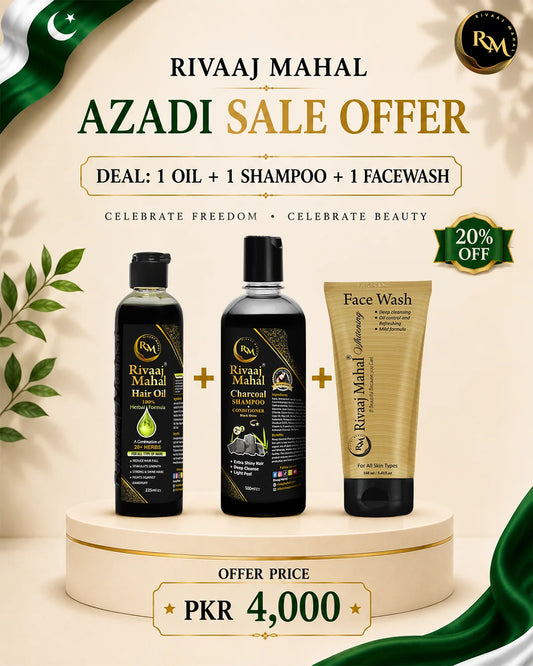 Rivaaj Mahal Hair Oil + Charcoal Shampoo + Face Wash Combo – Azadi Sale Deal