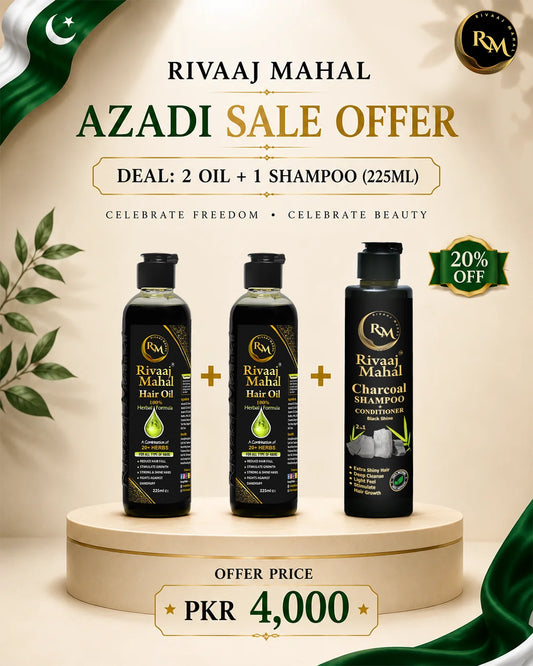 Rivaaj Mahal 2 Hair Oils + 225ml Charcoal Shampoo Combo – Azadi Sale Deal