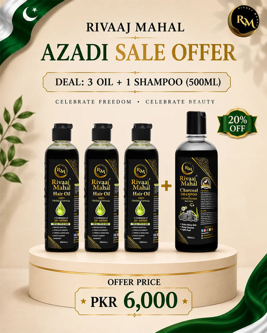 Rivaaj Mahal 3 Hair Oils + 500ml Charcoal Shampoo Combo – Azadi Sale Deal